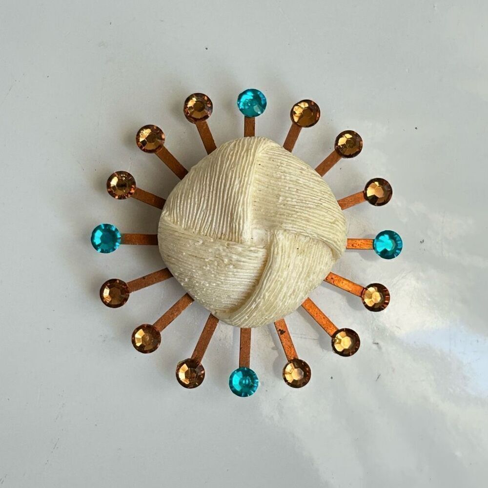 Vintage Upcycled Atomic Starburst Refrigerator Magnet Buttons Rhinestones Cream